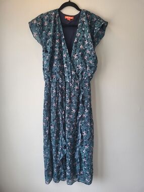 Joe Fresh Teal Floral Vacation Countryside Chic Maxi Dress with Pink Accents